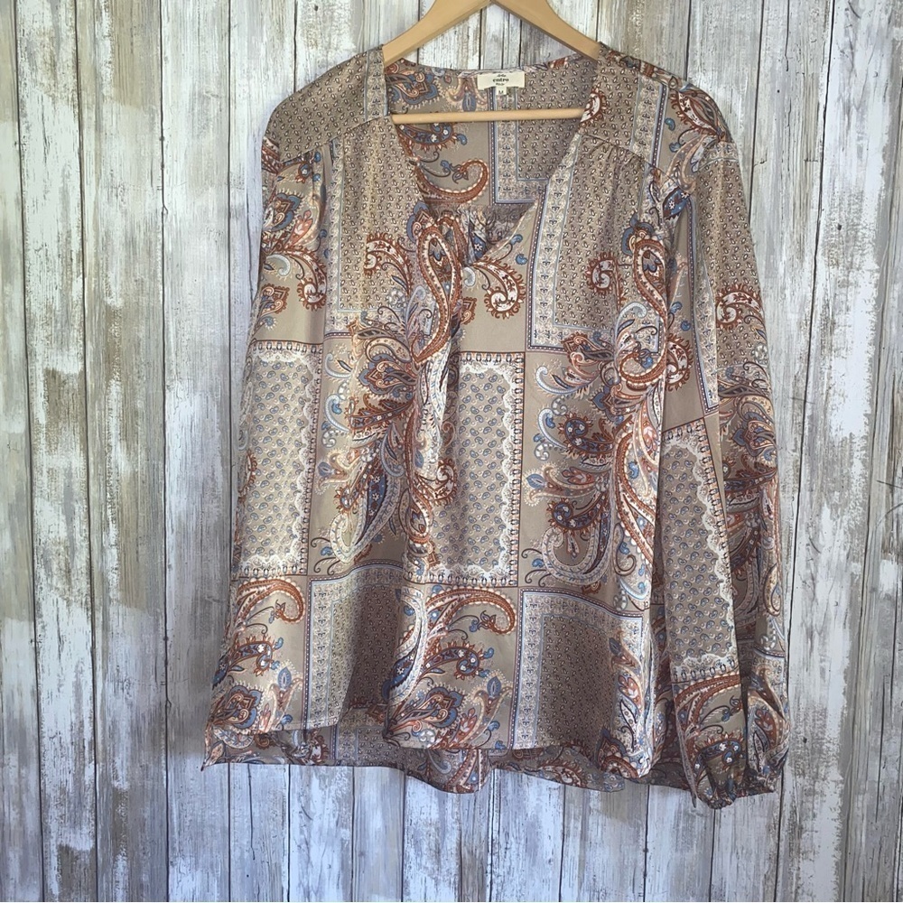 Entro Tan Mixed Print Satin Blouse